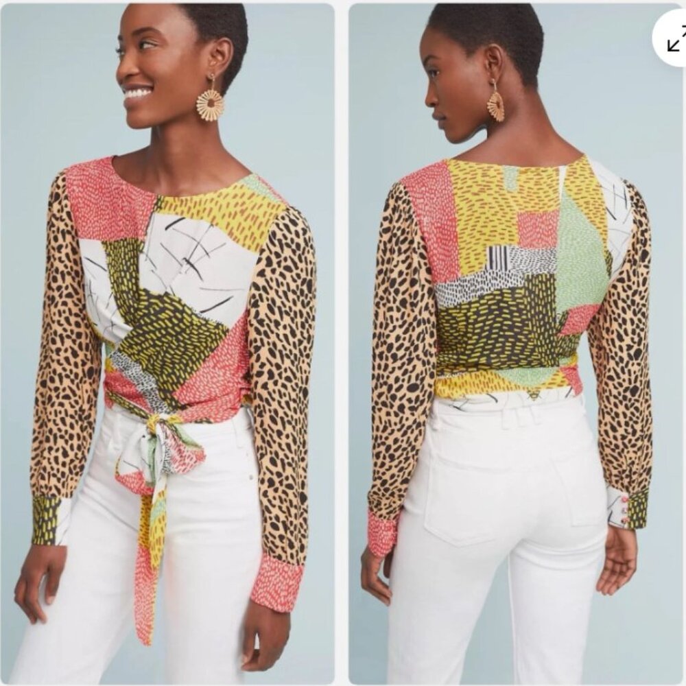 🆕 Anthropologie Bl^nk London Leopard Patchwork Top Blouse - Size S ✨ 🧡